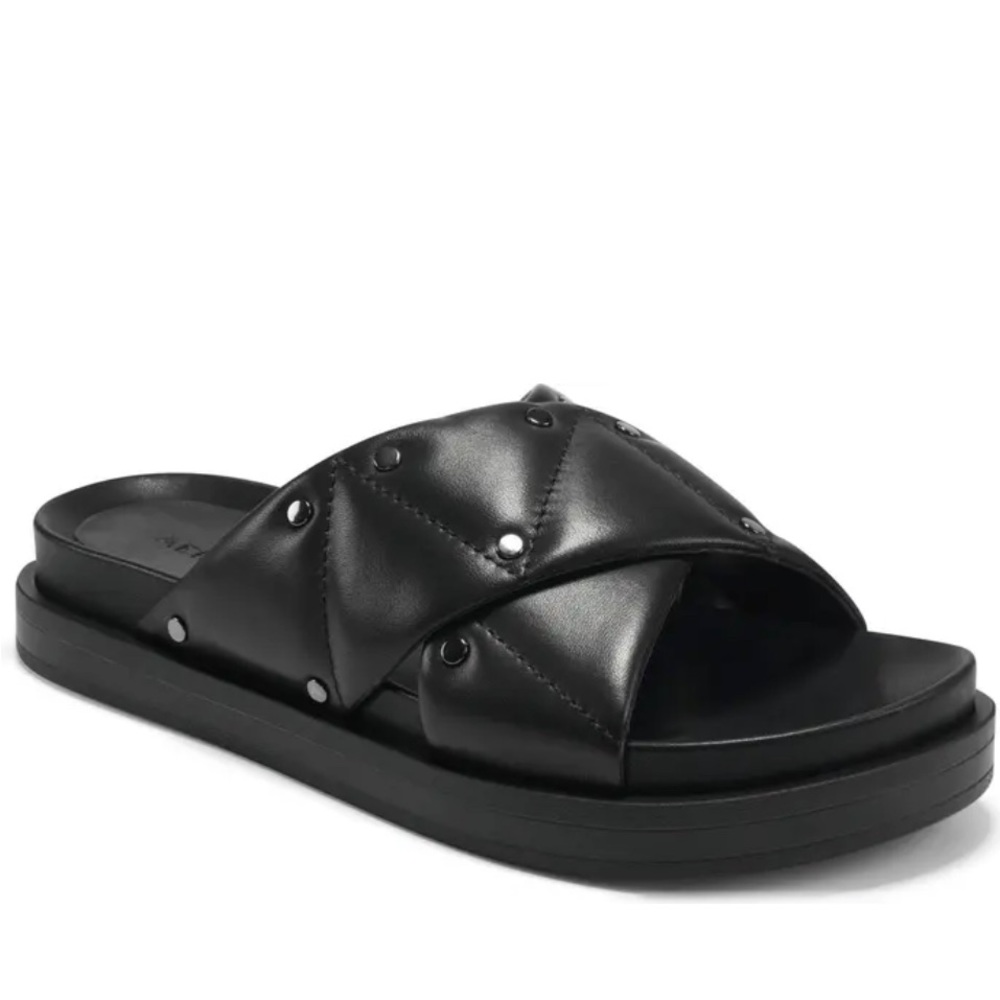 Aerosoles Women's Lina Slide Black Sandal Leather Flat Studs Cushion  Sz 8.5